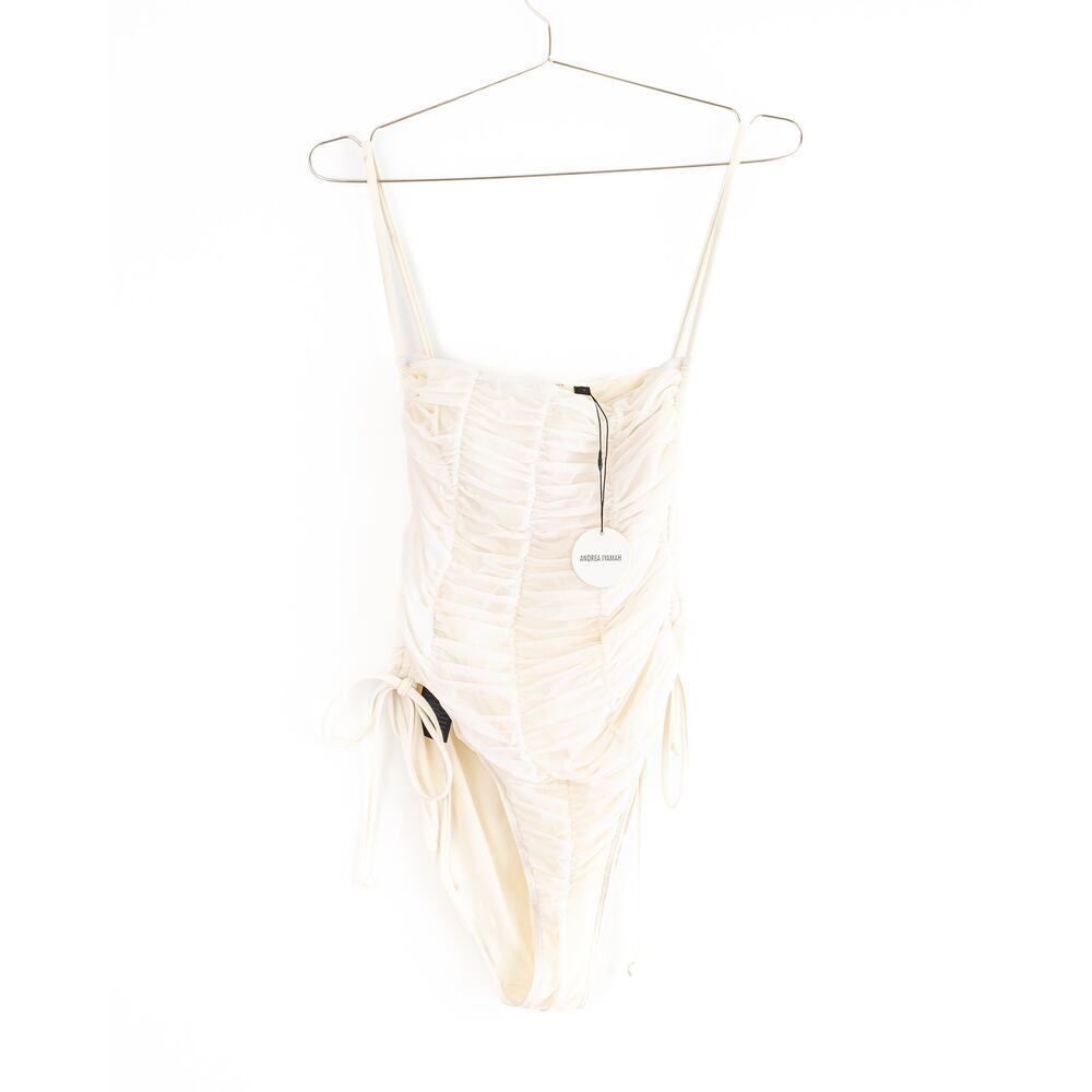 Andrea Iyamah Reco Ruched Mesh One Piece Swimsuit Limestone L NWT - Picture 4 of 6